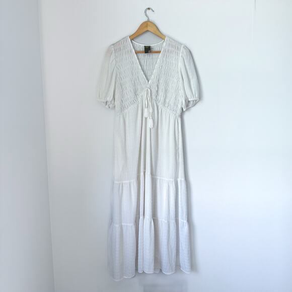 Taylor Smocked Tiered V-Neck A-Line Maxi Dress White L - Picture 2 of 9